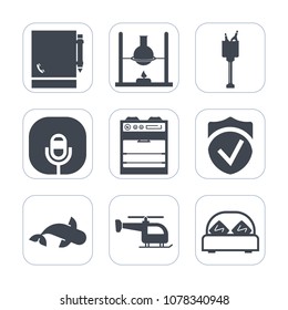 Premium fill icons set on white background . Such as celebration, fish, furniture, double, transport, bucket, medicine, paper, record, ice, note, radio, security, test, microphone, seafood, white, bed