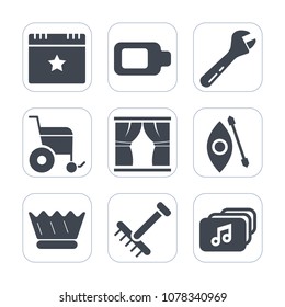 Premium fill icons set on white background . Such as sign, spanner, kayak, queen, tool, equipment, file, music, decoration, home, full, event, river, electricity, success, work, wrench, charger, crown