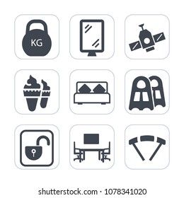 Premium fill icons set on white background . Such as kilogram, sky, open, element, fitness, desk, furniture, weight, jump, sea, ice, street, traffic, protection, station, banner, sign, measurement