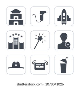 Premium fill icons set on white background . Such as pagoda, dentist, ship, clinic, profile, craft, user, drink, culture, ancient, sheriff, technology, vacation, dental, beverage, asian, medicine, hat