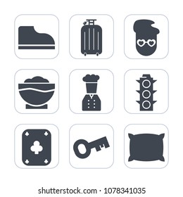 Premium fill icons set on white background . Such as yellow, old, art, cooking, sign, baggage, pillow, chef, fashion, play, lamp, suitcase, vintage, coffee, kitchen, home, chief, key, light, travel