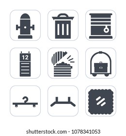 Premium fill icons set on white background . Such as hanger, water, mail, post, calendar, equipment, fire, rubbish, trash, safety, chef, up, fashion, reminder, cloakroom, interior, hotel, agenda, room