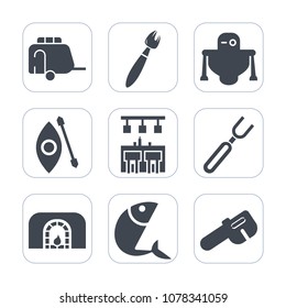Premium fill icons set on white background . Such as repair, bar, android, robot, fish, paint, paintbrush, restaurant, dinner, fire, technology, water, kayak, painter, vehicle, van, fireplace, warm