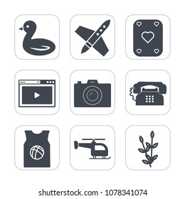 Premium fill icons set on white background . Such as poker, online, science, casino, photographer, craft, game, transport, camera, web, ship, helicopter, sky, spaceship, media, play, video, harvest
