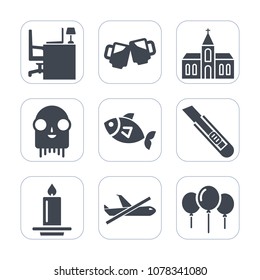 Premium fill icons set on white background . Such as beer, church, top, work, plane, fire, flame, celebration, bar, drink, monster, architecture, light, seafood, mug, food, cutter, flight, pub, space