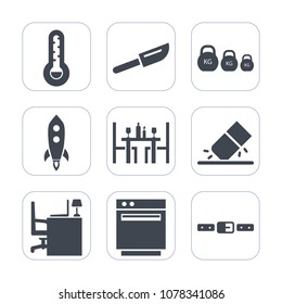 Premium fill icons set on white background . Such as appliance, erase, rocket, belt, thermometer, work, coffee, sport, rubber, desk, white, fitness, technology, spaceship, metal, temperature, table