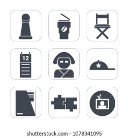 Premium fill icons set on white background . Such as japan, cap, paper, play, take, clothing, kimono, away, coffee, king, car, calendar, cup, technology, tv, geisha, element, knight, reminder, fashion