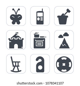 Premium fill icons set on white background . Such as insect, butterfly, technology, office, mountain, tower, white, hotel, building, food, beauty, privacy, chair, vintage, modern, casino, castle, play
