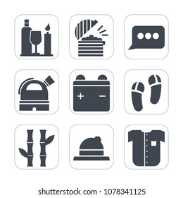 Premium fill icons set on white background . Such as energy, asian, telescope, plant, glass, shirt, headwear, cooking, alcohol, chat, space, bottle, power, wine, communication, electricity, fashion