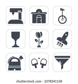 Premium fill icons set on white background . Such as flower, launch, fabric, equipment, needle, wine, game, sport, machine, glass, real, fashion, tailor, tool, tennis, bicycle, sewing, city, circus