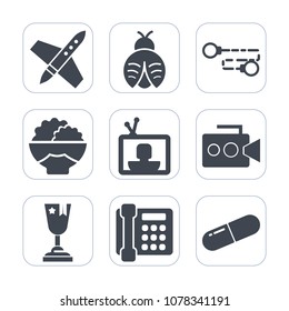 Premium fill icons set on white background . Such as medical, dragonfly, first, food, galaxy, lady, video, winner, agriculture, link, butterfly, achievement, nature, phone, white, pill, film, rice, tv