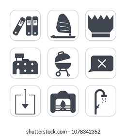 Premium fill icons set on white background . Such as bathroom, surfer, speed, home, download, sport, city, closed, surf, urban, paper, bath, hygiene, directory, meat, grill, house, document, man, fire