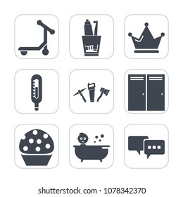 Premium fill icons set on white background . Such as toothbrush, king, dessert, fahrenheit, sweet, transport, sign, celsius, child, cold, home, royal, doughnut, princess, thermometer, care, bath, food