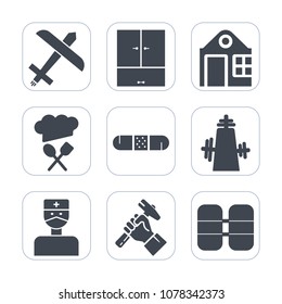 Premium fill icons set on white background . Such as aviation, city, doctor, home, real, kitchen, cylinder, transport, industry, aircraft, foreman, construction, plane, medicine, travel, house, food