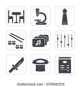 Premium fill icons set on white background . Such as interior, music, table, knight, king, virus, japanese, fish, science, menu, cutlery, medical, rice, sign, biology, equipment, web, pawn, chess, hat