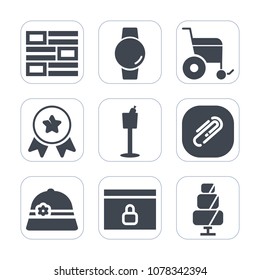 Premium fill icons set on white background . Such as holder, communication, lock, wine, handicap, restaurant, place, touch, accessibility, disability, technology, internet, paperclip, watch, news, hat