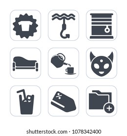 Premium fill icons set on white background . Such as folder, comfortable, clothing, ufo, couch, clothes, curtain, tea, comfort, shirt, monster, sofa, home, sale, fishing, t-shirt, tag, window, fiction