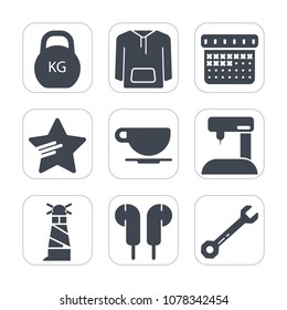 Premium fill icons set on white background . Such as star, clothing, cappuccino, clothes, cup, kilogram, tool, spanner, sewing, sea, fashion, calendar, music, success, cafe, style, equipment, date