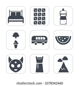 Premium fill icons set on white background . Such as fiction, housework, alien, watermelon, bar, dark, mountain, space, bucket, transport, sweet, sky, landscape, clean, monster, bed, food, blue, broom