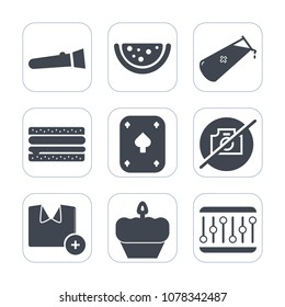 Premium fill icons set on white background . Such as chemical, fresh, t-shirt, white, concept, electric, fruit, science, object, atom, lamp, snack, photo, cake, burger, fast, watermelon, no, summer