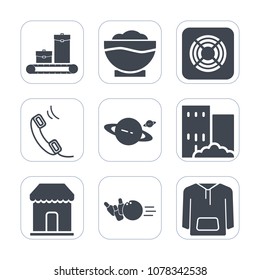 Premium fill icons set on white background . Such as restaurant, bowling, planet, suitcase, cooking, real, air, sign, kitchen, fan, heat, building, fun, estate, ball, bag, jacket, mobile, electric