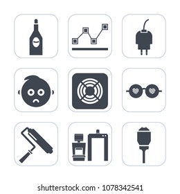 Premium fill icons set on white background . Such as city, scan, bottle, charger, red, paint, bar, chart, brush, light, style, street, tool, winery, lamp, xray, lantern, roll, hippie, alcohol, sign