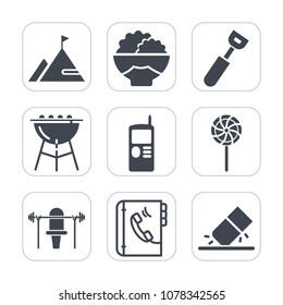 Premium fill icons set on white background . Such as dinner, kitchen, education, grilling, eraser, lollipop, raw, restaurant, candy, vintage, summer, bbq, cell, fitness, book, mountain, sport, weight