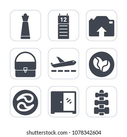 Premium fill icons set on white background . Such as interior, kamon, bag, strategy, equipment, piece, cabinet, caffeine, japan, travel, coffee, upload, transport, airplane, plane, photo, fashion, mon