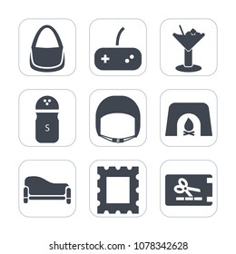 Premium fill icons set on white background . Such as coupon, home, fireplace, interior, belt, drink, game, seasoning, technology, photo, worker, food, bag, template, frame, controller, christmas, work