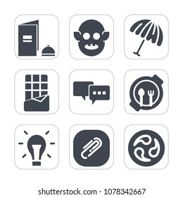 Premium fill icons set on white background . Such as chocolate, speech, monster, ufo, child, book, electricity, talk, clip, light, bubble, kid, white, paper, table, extraterrestrial, japanese, fiction