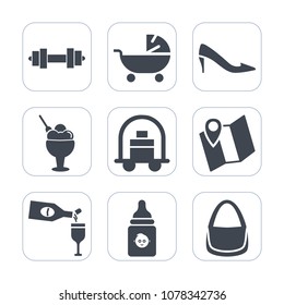 Premium fill icons set on white background . Such as bag, infant, glass, stroller, family, equipment, heel, dessert, sweet, toddler, luggage, travel, gym, drink, ice, baby, baggage, alcohol, service