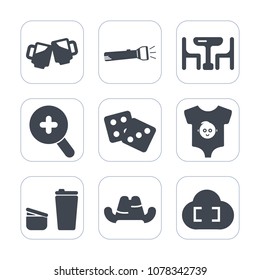 Premium fill icons set on white background . Such as kid, success, casino, light, glass, dice, food, sugar, cloud, fashion, mug, energy, pub, kitchen, lamp, beer, cap, flashlight, cup, bar, headwear