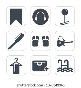Premium fill icons set on white background . Such as beach, location, sound, office, pair, pencil, music, clothing, travel, white, holiday, equipment, musical, book, summer, pen, footwear, rock, drop