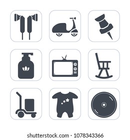 Premium fill icons set on white background . Such as kid, cargo, location, delivery, summer, chair, music, clothing, ride, sign, disc, audio, bike, soap, television, hygiene, baby, office, earphone