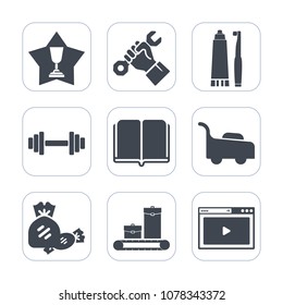 Premium fill icons set on white background . Such as textbook, health, lawn, dental, candy, site, foreman, education, place, mower, toothpaste, industry, builder, web, fitness, library, book, online