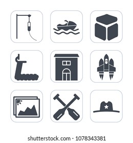 Premium fill icons set on white background . Such as estate, water, industrial, medical, doctor, hospital, sea, fitness, spaceship, craft, medicine, canoe, transport, technology, real, transportation
