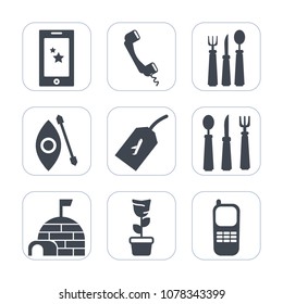 Premium fill icons set on white background . Such as home, pot, canoe, display, telephone, call, lake, snow, tag, cooking, mobile, canoeing, knife, arctic, plant, fork, spoon, smartphone, digital, fly