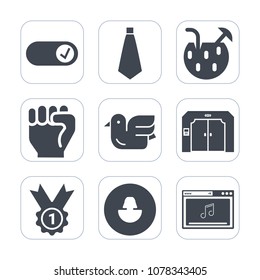Premium fill icons set on white background . Such as concept, white, glass, sky, up, people, animal, human, party, award, music, , finger, summer, online, bird, elevator, necktie, drink, suit, nature