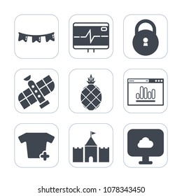 Premium fill icons set on white background . Such as heartbeat, health, spaceship, pulse, clothing, station, space, shuttle, protection, sign, decoration, exotic, tower, party, tropical, holiday, food