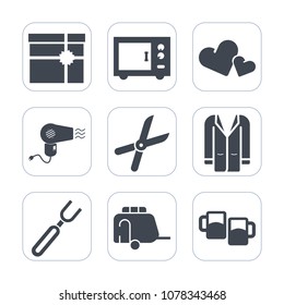 Premium fill icons set on white background . Such as coat, dinner, package, ribbon, spoon, van, transportation, dryer, microwave, gardening, hairdryer, romance, bow, vehicle, fork, jacket, holiday