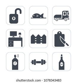 Premium fill icons set on white background . Such as unlock, meat, key, truck, car, gym, shipping, cargo, web, white, office, work, fitness, fence, security, equipment, drink, paint, computer, red