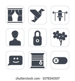 Premium fill icons set on white background . Such as internet, deactivate, energy, blossom, account, sign, dumbbell, gym, home, spring, flower, graphic, interior, switch, geometric, lock, face, health