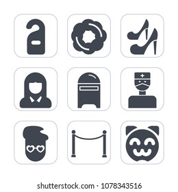 Premium fill icons set on white background . Such as mail, female, kitty, bakery, label, hospital, motel, doughnut, young, fashion, mailbox, cat, hotel, woman, style, animal, girl, cake, sign, beauty