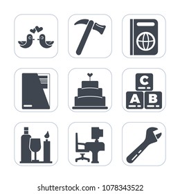 Premium fill icons set on white background . Such as travel, journey, spanner, sign, child, play, paper, pie, repair, passport, alcohol, childhood, dove, equipment, document, toy, drink, sweet, food