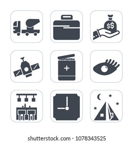 Premium fill icons set on white background . Such as medical, bar, time, cement, bag, equipment, briefcase, machinery, medicine, camp, tent, satellite, concrete, travel, outdoor, construction, station