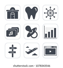 Premium fill icons set on white background . Such as way, tooth, care, estate, baby, wheel, direction, rudder, child, plane, nautical, internet, ship, airplane, infant, online, helm, hygiene, flight