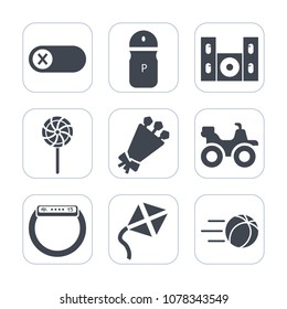 Premium fill icons set on white background . Such as cooking, electric, kite, turn, technology, speaker, video, leisure, lollipop, electricity, sweet, food, kitchen, cinema, gadget, soccer, energy