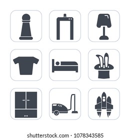 Premium fill icons set on white background . Such as light, scanner, play, lamp, bed, knight, home, spaceship, piece, xray, modern, housework, space, t-shirt, pawn, furniture, vacuum, technology, king