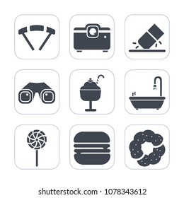 Premium fill icons set on white background . Such as eraser, erasing, film, air, ice, projector, skydiver, extreme, tool, food, doughnut, web, sandwich, binocular, fly, zoom, skydiving, travel, candy