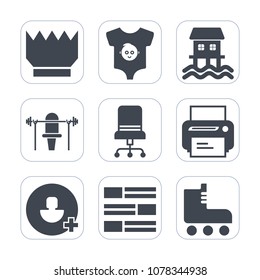 Premium fill icons set on white background . Such as vessel, add, leisure, skating, interior, cute, child, baby, clothes, internet, technology, equipment, royal, queen, weight, clothing, skate, news